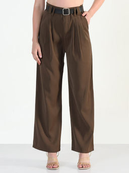 SHOWOFFFF - Women Brown Straight Fit Trouser With Belt (Set of 2)