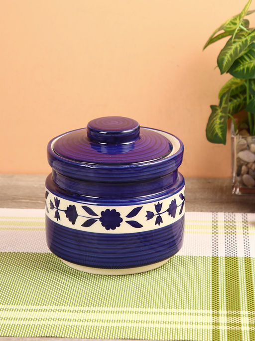 AAPNO RAJASTHAN Ceramic Handcrafted Canister With Lid Blue