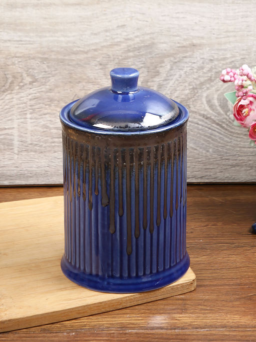 AAPNO RAJASTHAN Cylindrical Handcrafted Ceramic Storage Jar Blue