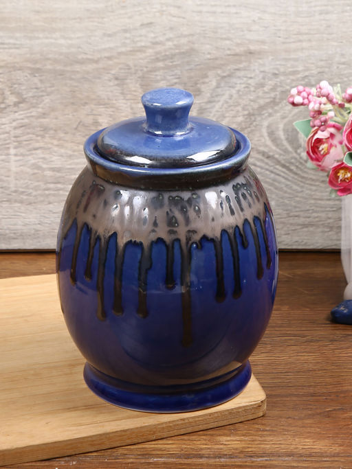 AAPNO RAJASTHAN Circular Ceramic Handcrafted Storage Jar Blue