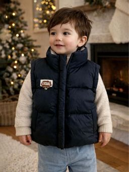 Little Surprise Box - Black Checks Collar Quilted Sleeveless Winter Vest Jacket