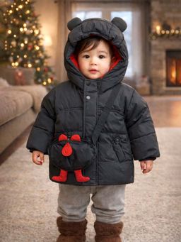 Little Surprise Box - Black 3D Ears Teddy Quilted Hoodie and Sling