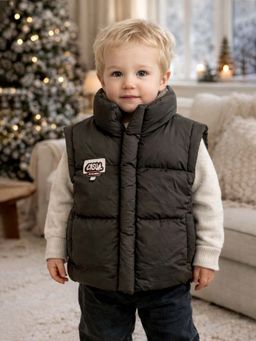 Little Surprise Box - Brown Checks Collar Quilted Sleeveless Winter Vest Jacket