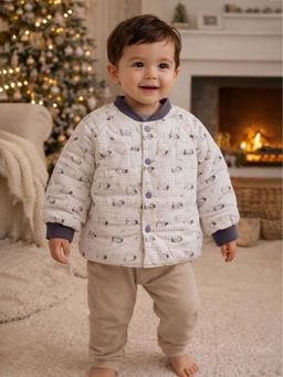 Little Surprise Box - Cream Checkered Cute Dog Theme Winter Jacket