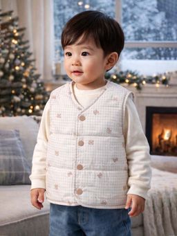 Little Surprise Box - Cream Checks Teddy Reversible Sleeveless Winter Jacket