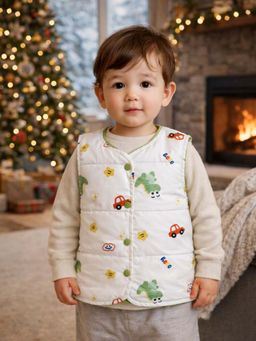 Little Surprise Box - Cream Dino and Cars Reversible Sleeveless Winter Jacket