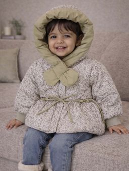 Little Surprise Box - Olive and Cream Floral Printed Hooded Winter Jacket
