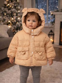 Little Surprise Box - Peach 3D Teddy Quilted Pocket and Hooded Winter Jacket