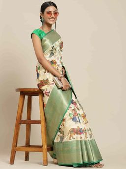 Silk Land - Digital Printed Silk Saree with Unstiched Blouse Piece Beige & Green with Unstitched