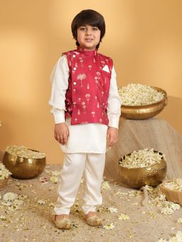 AJ Dezines - Maroon Ethnic Floral Silk Blend Kurta Pyjama And Waist Coat