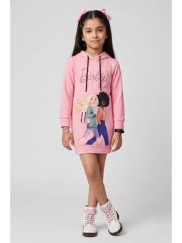 TINY GIRL - Barbie Cotton Full Slevees Graphic Printed Dress- Light Pink