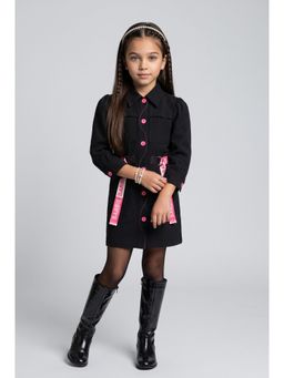 TINY GIRL - Barbie Full Sleeves Graphic Printed Dress With Belt- Black
