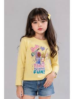 TINY GIRL - Barbie Cotton Full Sleeves Graphic Printed T-Shirt- Yellow