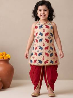 AJ Dezines - Girls Beige Elephant Print Cotton Kurta And Dhoti