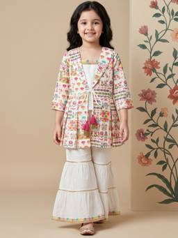 AJ Dezines - Multi Color Floral Printed Cotton Inner Sharara And Jacket