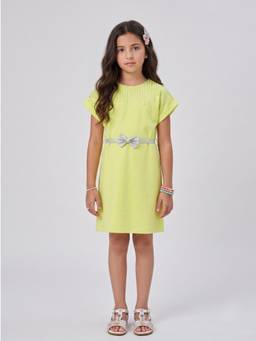 TINY GIRL - Knit Cap Sleeves Dress With Belt - Liril Yellow