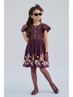 TINY GIRL - Flared Sleeves Flower Embroidery Detail Dress- Wine