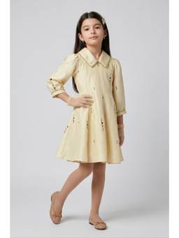 TINY GIRL - Three Fourth Sleeves Pearl Detail Dress- Cream