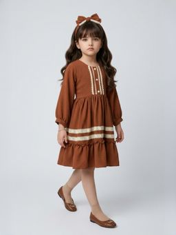 TINY GIRL - Full Sleeves Lace Detail Dress- Dark Brown