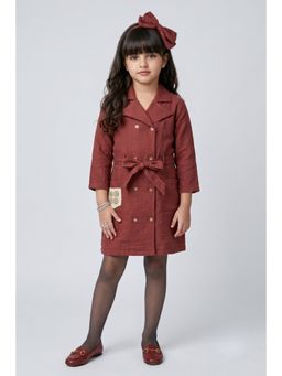 TINY GIRL - Cotton Full Sleeves Crochet Patch Detail Shirt Dress With Belt- Brown