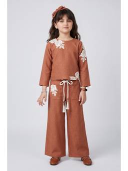 TINY GIRL - Full Sleeves Floral Embroidered Co-Ord Set- Rust
