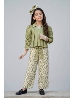 TINY GIRL - Woven Full Sleeves Graphic Printed Co-Ord Set- Pista Green
