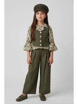 TINY GIRL - Full Sleeves Printed Co-Ord Set- Olive Green