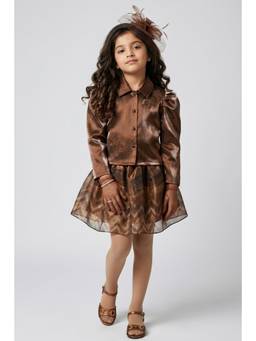 TINY GIRL - Self Design Full Length Shirt And Skirt- Brown