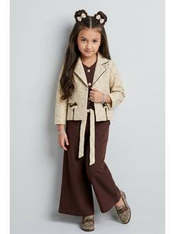 TINY GIRL - Full Sleeves Embroidered Top, Jacket And Pant With Belt - Brown