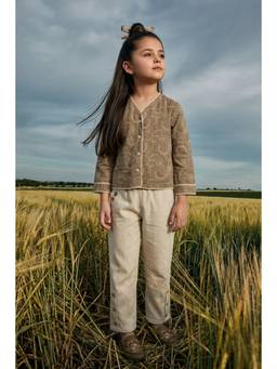 TINY GIRL - Full Sleeves Floral Embroidered Top And Pant - Brown