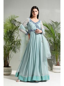 PRITI SAHNI DESIGNS - Dusty Blue Anarkali with Churidar and Dupatta (Set of 3)