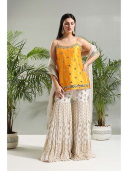 PRITI SAHNI DESIGNS - Yellow Sharara with Kurti and Dupatta (Set of 3)