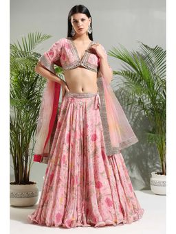 PRITI SAHNI DESIGNS - Blush Pink Floral Lehenga with Blouse and Dupatta (Set of 3)