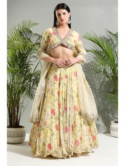 PRITI SAHNI DESIGNS - Yellow Floral Lehenga with Blouse and Dupatta (Set of 3)