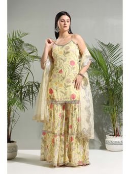 PRITI SAHNI DESIGNS - Yellow Floral Sharara with Kurti and Dupatta (Set of 3)