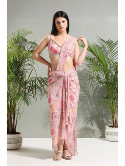 PRITI SAHNI DESIGNS - Blush Pink Slit Pre-Draped Saree with Stitched Blouse
