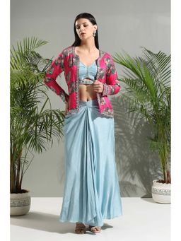 PRITI SAHNI DESIGNS - Grey Blouse with Skirt and Cropped Jacket (Set of 3)