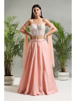 PRITI SAHNI DESIGNS - Peach Corset Blouse with Lehenga and Dupatta (Set of 3)