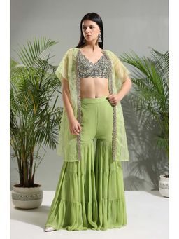 PRITI SAHNI DESIGNS - Green Sharara with Blouse and Cape (Set of 2)