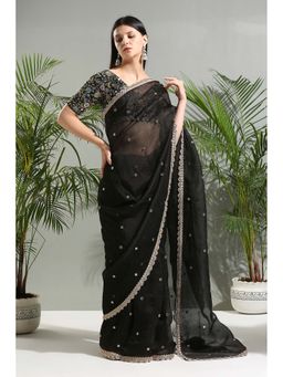 PRITI SAHNI DESIGNS - Black Organza Embroidered Saree with Stitched Blouse