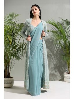 PRITI SAHNI DESIGNS - Dusty Blue Saree with Stitched Blouse and Jacket