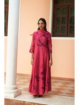 Vaayu - Pink Rouge Floral Anarkali with Dupatta (Set of 2)