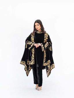 Daljit Sudan - Black Velvet Cape with Kurta and Pant (Set of 3)