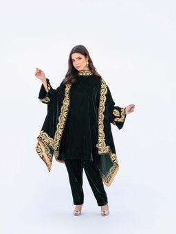 Daljit Sudan - Dark Green Velvet Cape with Kurta and Pant (Set of 3)