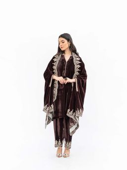 Daljit Sudan - Brown Velvet Cutwork Cape with Kurta and Dupatta (Set of 3)
