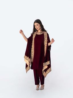 Daljit Sudan - Maroon Velvet Cape with Kurta and Pant (Set of 3)