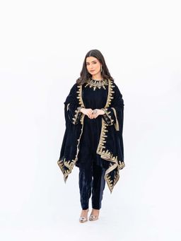 Daljit Sudan - Navy Blue Velvet Kurta with Pant and Cape (Set of 3)