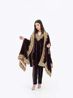 Daljit Sudan - Burgundy Velvet Minar Cape with Kurta and Pant (Set of 3)