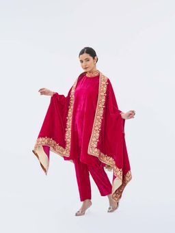 Daljit Sudan - Magenta Velvet Cape with Kurta and Pant (Set of 3)