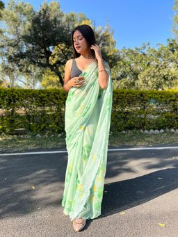 Odette - Green Chiffon Silk Saree with Unstitched Blouse